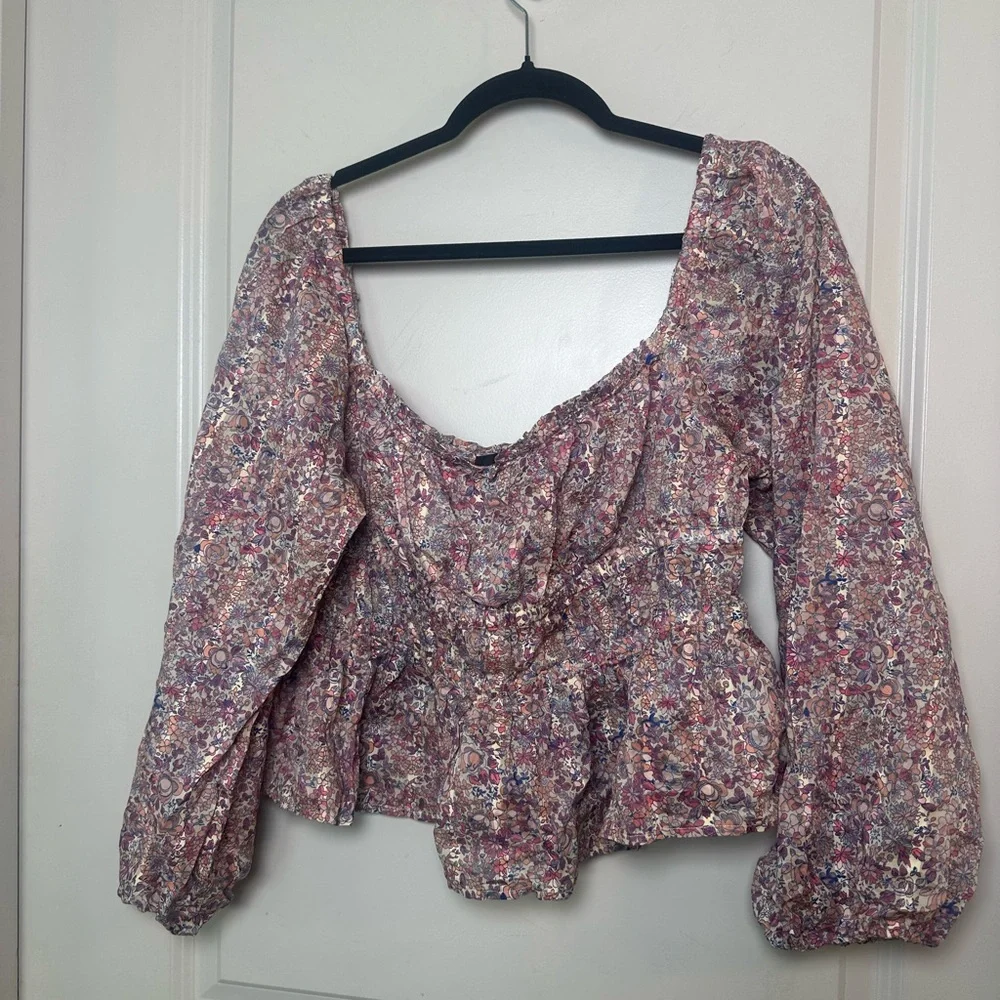 NEW J.Crew x Liberty Cotton Micro Floral Cinch Waist Puff Sleeve Crop Top, L